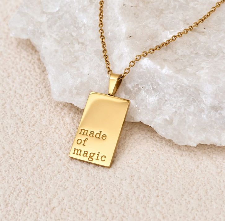 "MADE OF MAGIC" 18K Gold Plated Inspirational Engraved Pendant Necklace